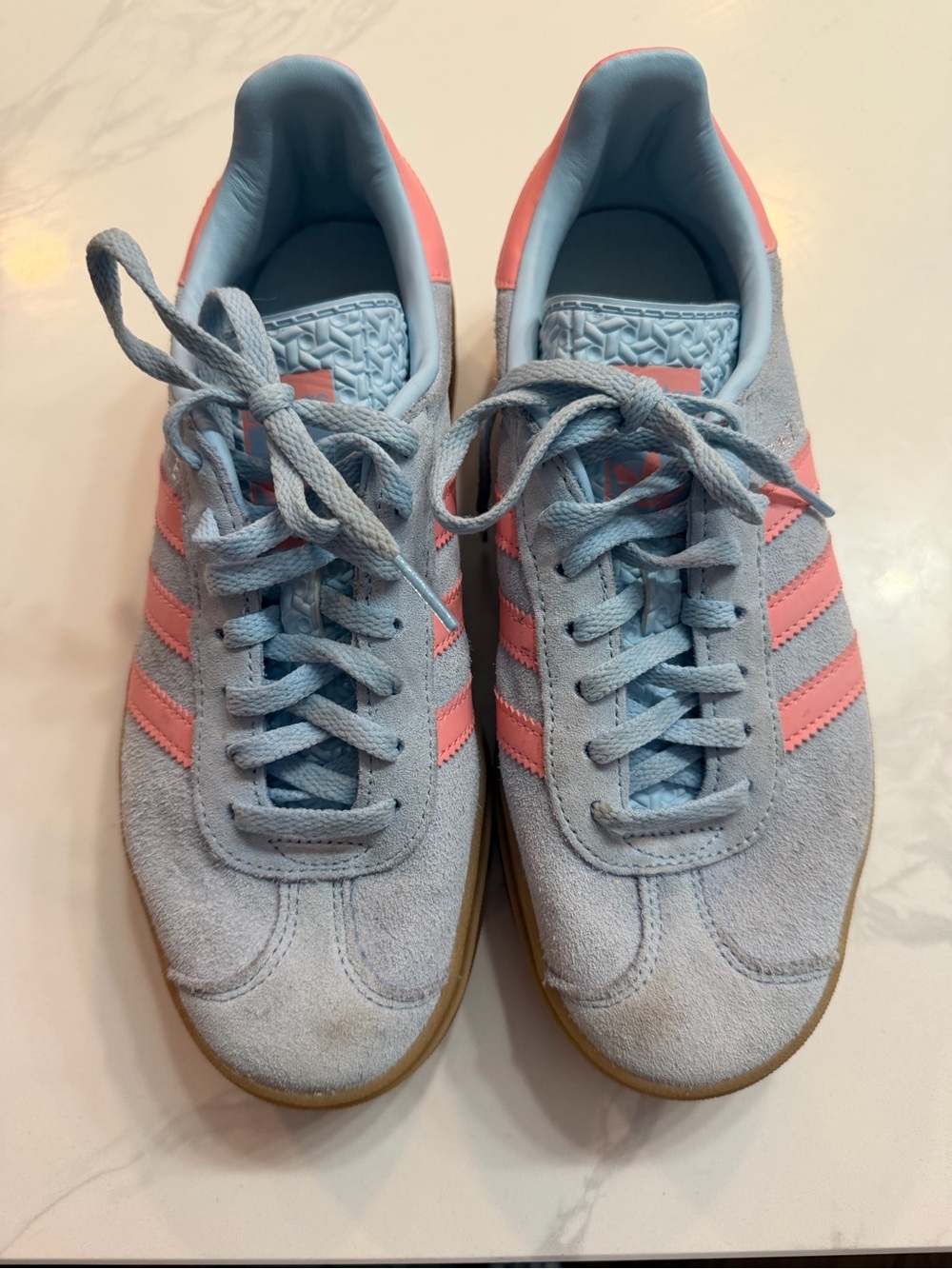 adidas Women's Light Blue Suede Sneakers with Pink Stripes